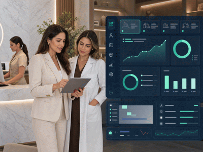 Gestora da clínica usando o dashboard Markmedi