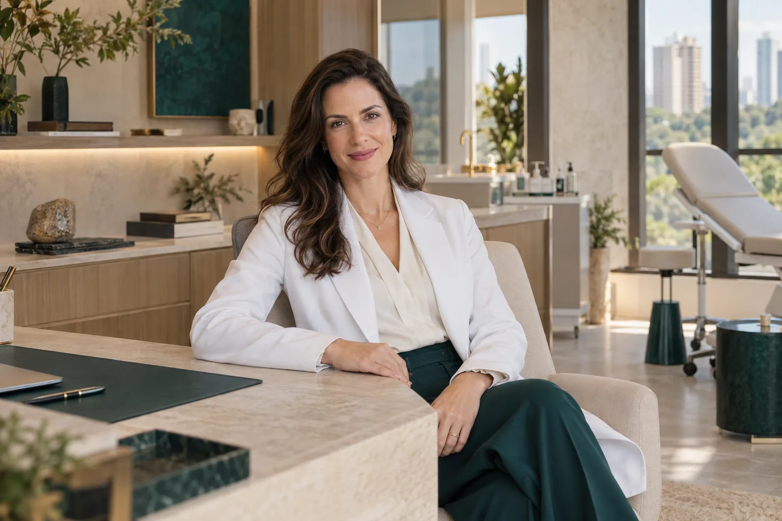 Dermatologista em consultório sofisticado, com luz natural e detalhes em teal.
